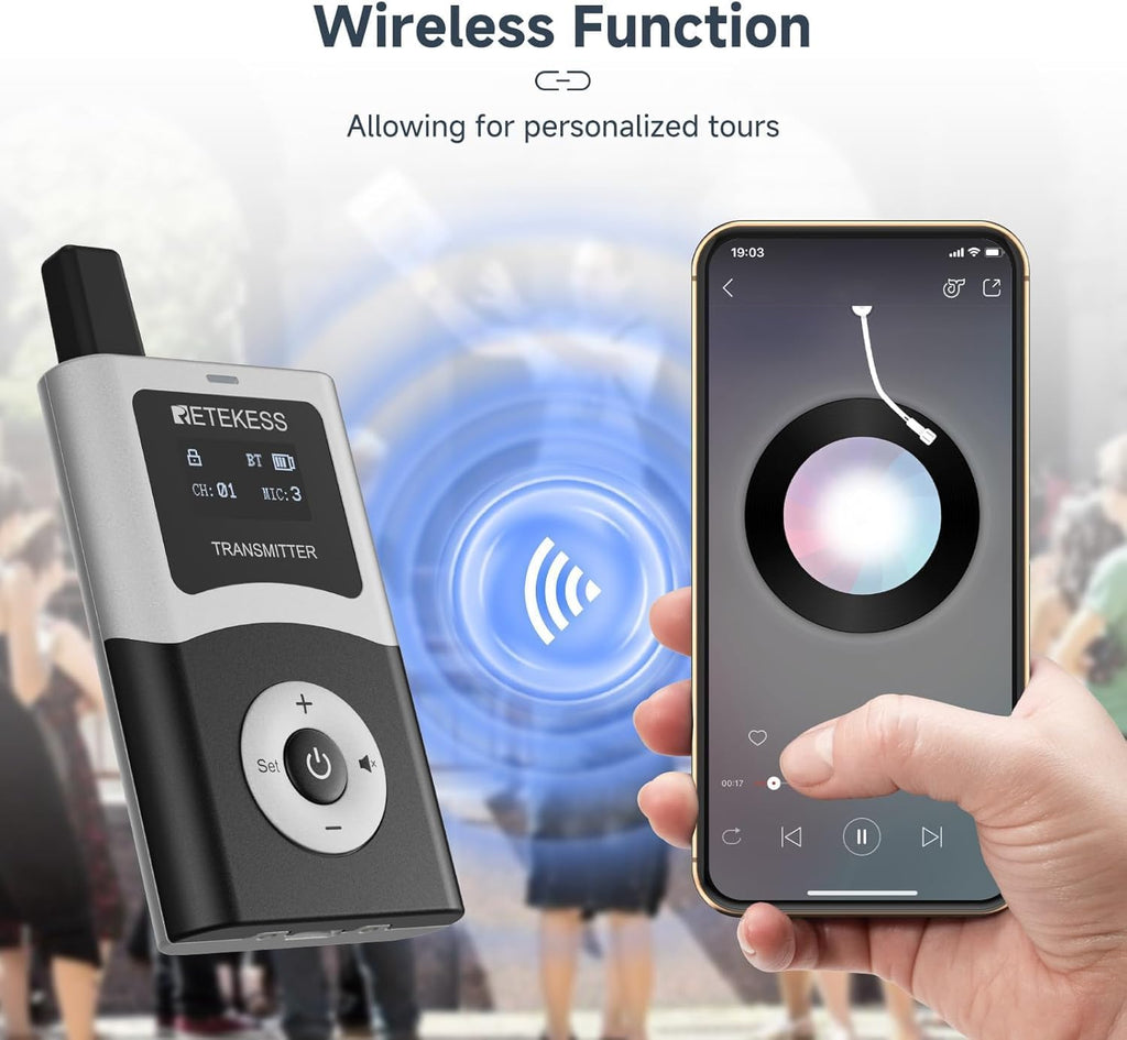 Retekess T130U(4nd Gen T130) Wireless Tour Guide System, Church Translation System, U-Band, 200M, 40H, One-Key Operation with Charging Kit, Tour Guide Headsets for Travel(1Transmitter 15 Receivers)