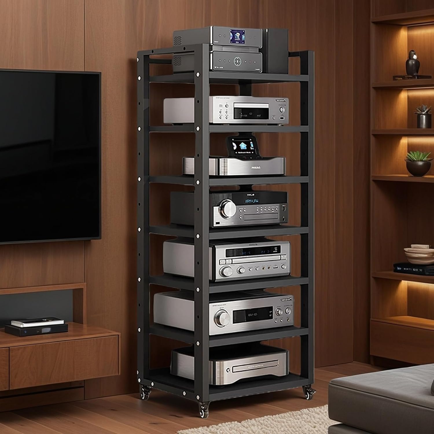 7-tier Av Media Stand, Audio Rack With Adjustable Shelves, Stereo Racks And Stands With Wheels, Stereo Rack For Home, Office, Theater(B)