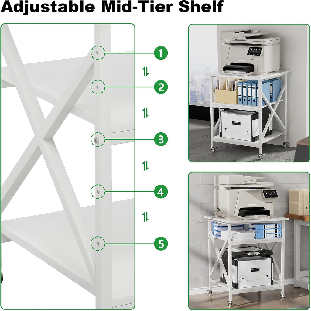 3 Tier Printer Stand, Large Table with Wheels, Rolling Cart with Height Adjustable Middle Storage Shelf, 23.6 x 23.6 x 30.3 Inches Shelf for Home Office, White