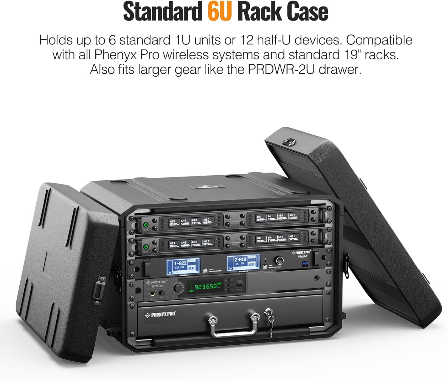 Phenyx Pro 6U Rack Case, 19' Rackmount Road Case, Detachable Front and Back Cover Storage, Shockproof & Waterproof, Audio Rack for Wireless Mic Systems, IEMs, Amplifiers (PRCSE-6UD)
