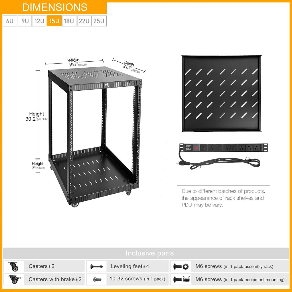 RIVECO 15U Network Rack with Reinforced Top Cover - 4 Post Floor Rack on Wheels for 19' Equipment & Stereo Gear- Including Rack Mount Power Strip & 1PCS 1U Rack Shelf