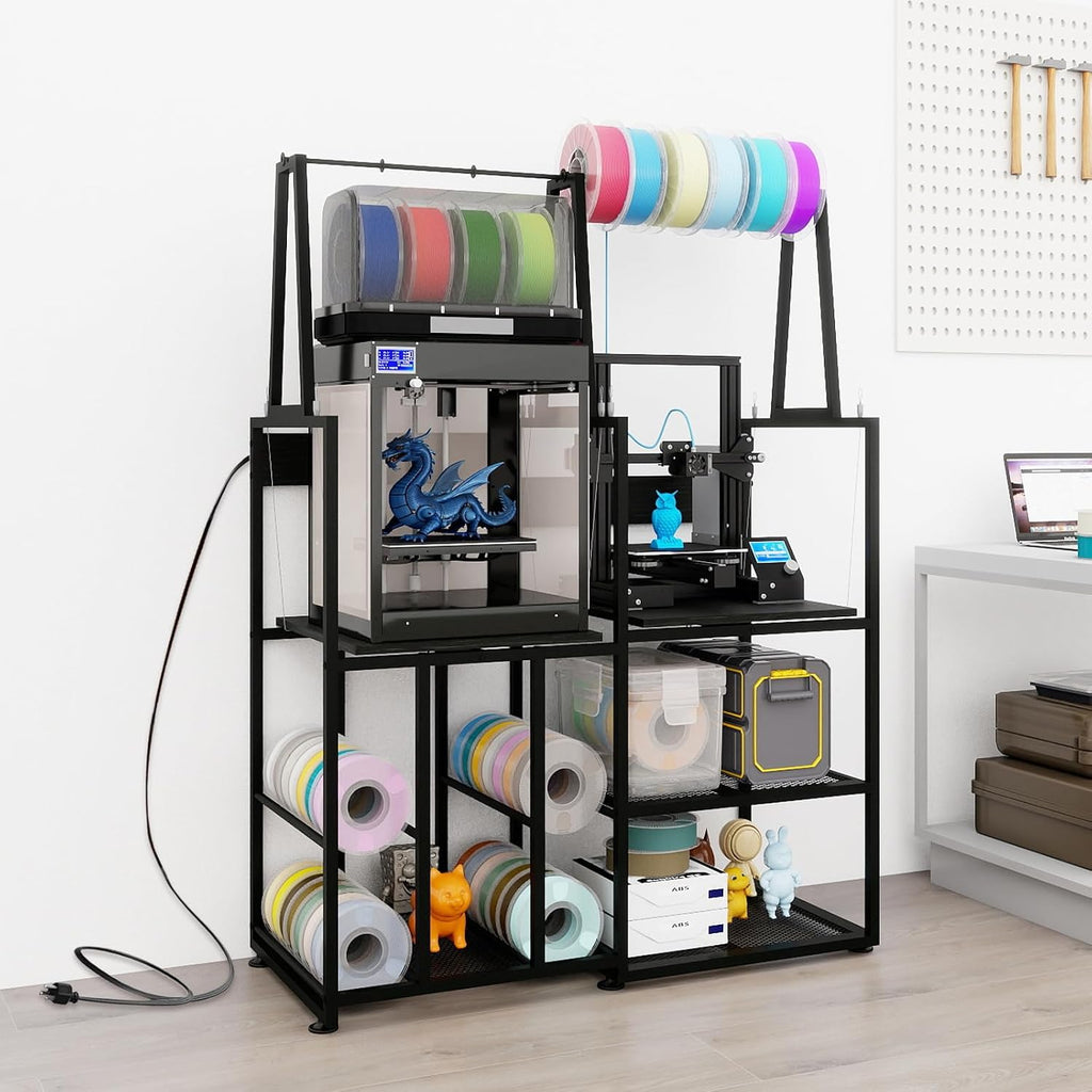 PUNCIA Dual-Row 3D Printer Stand with Filament Storage, Heavy-Duty Rack with Power Outlet - 3D Printer Table for FDM & SLA Printers, Space-Saving Desk and Cabinet with Shelves for Dual-Printer Setup