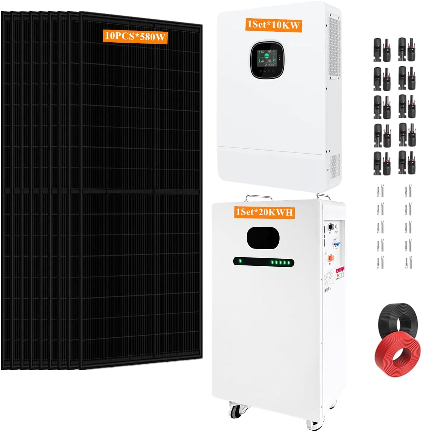 20KWH Off-Grid Solar System Complete Kit 10KW Home Kit with 580W Solar Panels+10KW 48V Solar Inverter+ 51.2V LiFePo4 Solar Battery with UL (10PCS*580W PV+1Set*10KW Inverter+ 1Set*20KWH)