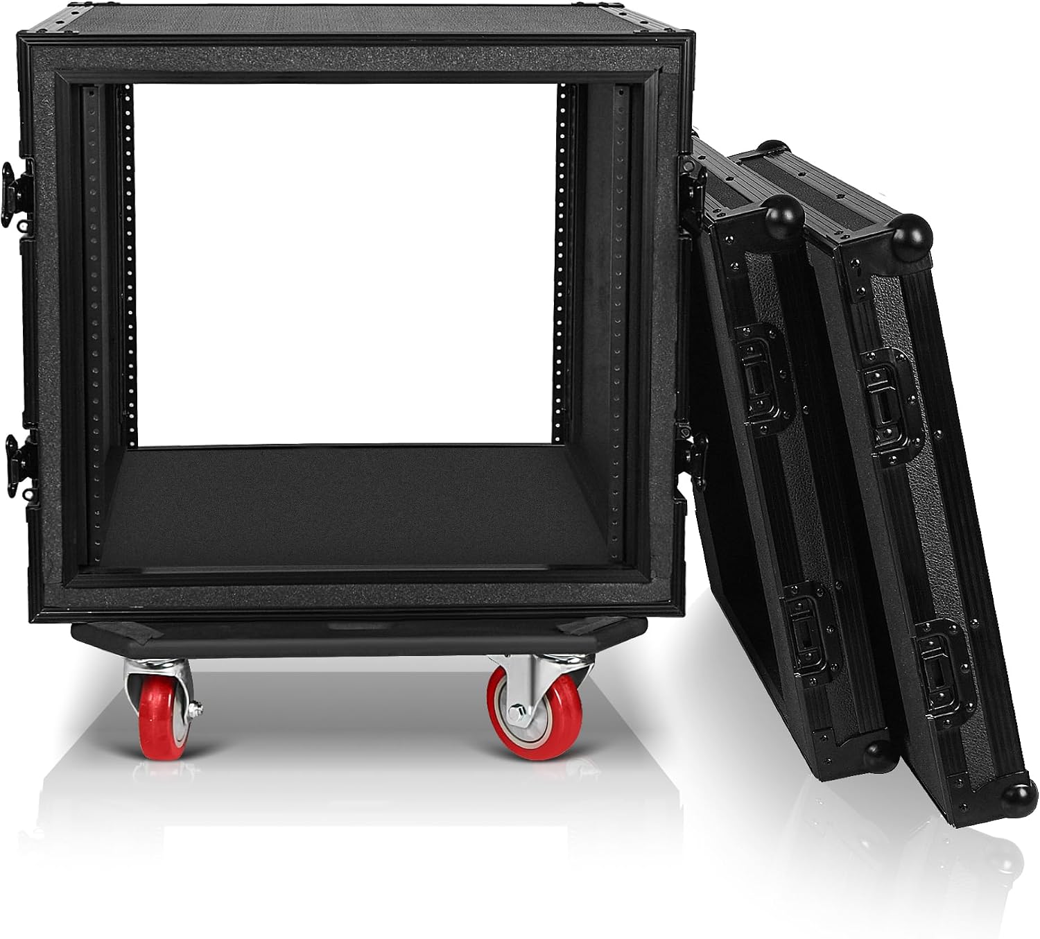 Sound Town Black Series Shock Mount 10U ATA Plywood Rack Case with 21' Rackable Depth, All-Black Anodized Hardware and Casters, Pro Tour Grade (STRC-SPB10UW)