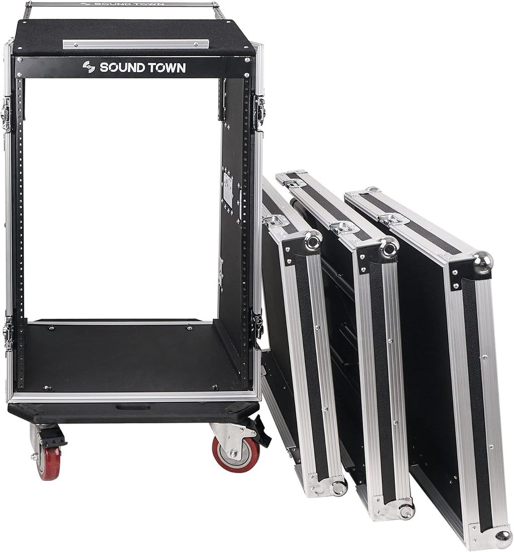 Sound Town Heavy-Duty 1/2' (12mm) Plywood 16U PA DJ Pro Audio Rack/Road ATA Case with 11U Slant Mixer Top, Locking Drawer, Side Table, 20'' Rackable Depth and Casters (STMR-16TD3)