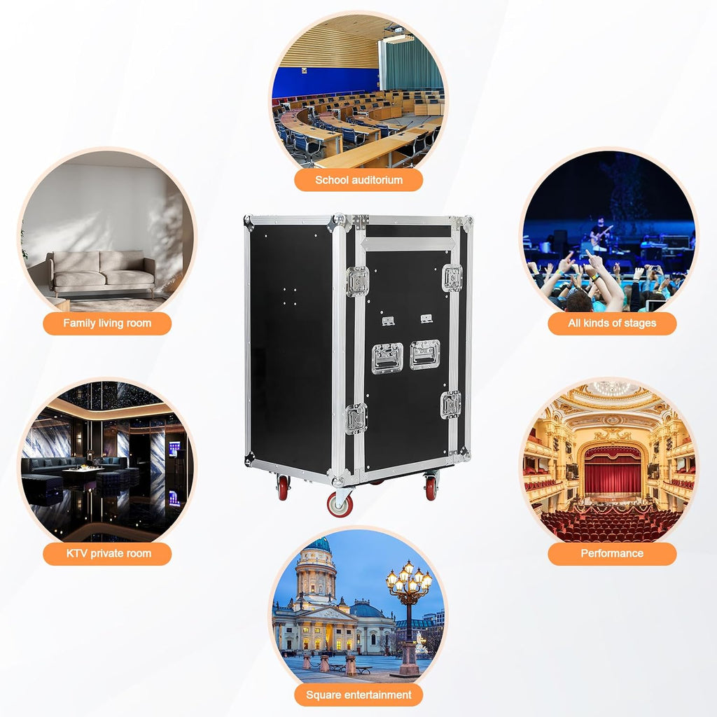 16u Road/Rack Case with 60° Slant Mixer Top, 2 Side Table up to 110lb 20' Rackable Depth Plywood, 4 Casters with Brake System & Tour Grade Hardware ATA Rack Cases Audio Mixer for Pro Stage Performance
