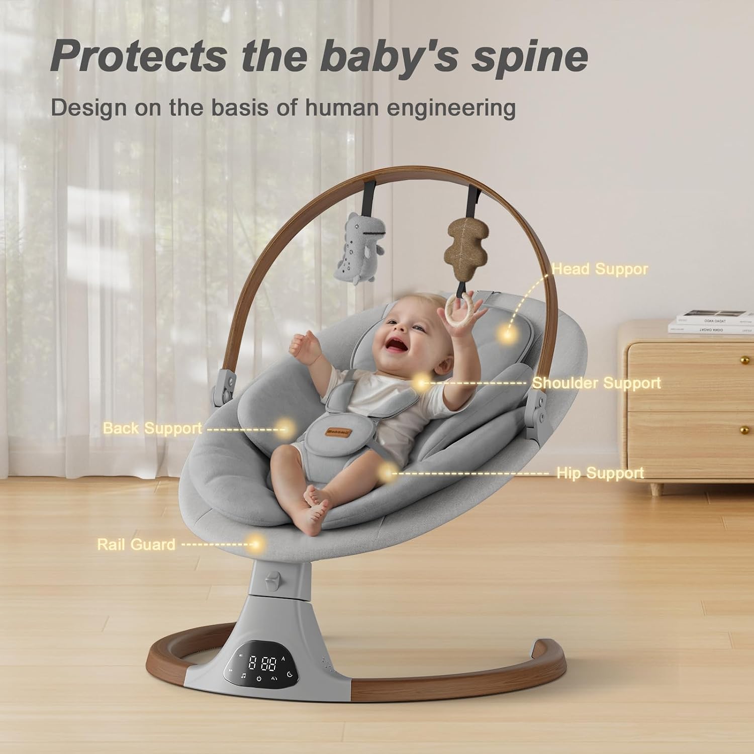 Baby Swings for Infants, Monamii Baby Swing, Bluetooth Infant Swing with Music Speaker, 5 Speeds and Remote Control, Indoor & Outdoor Use (Light Grey)