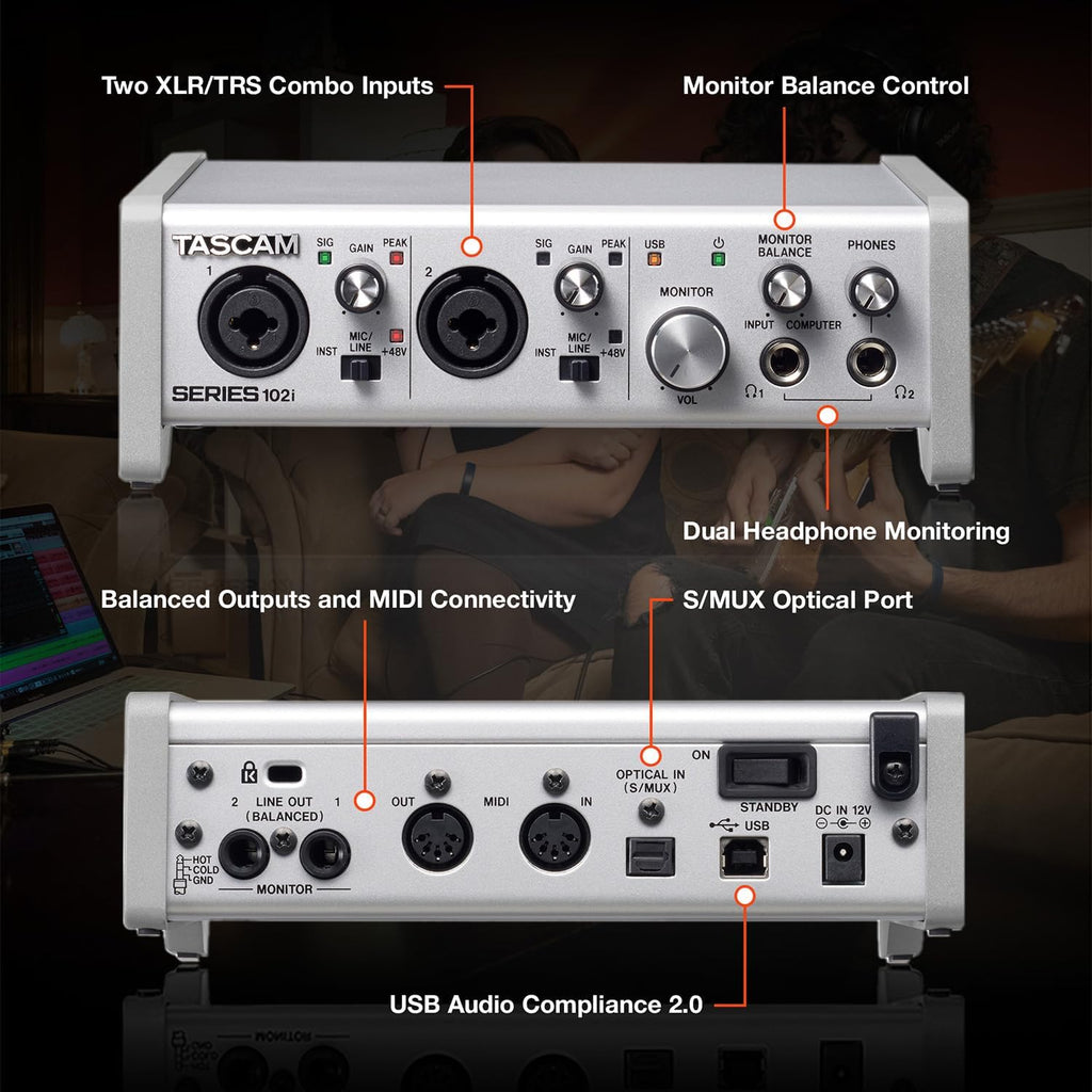 Tascam SERIES 102i 10 IN/2 OUT USB Audio Interface with MIDI, DAW Recording Software for Songwriting, Podcasting, Recording,Silver