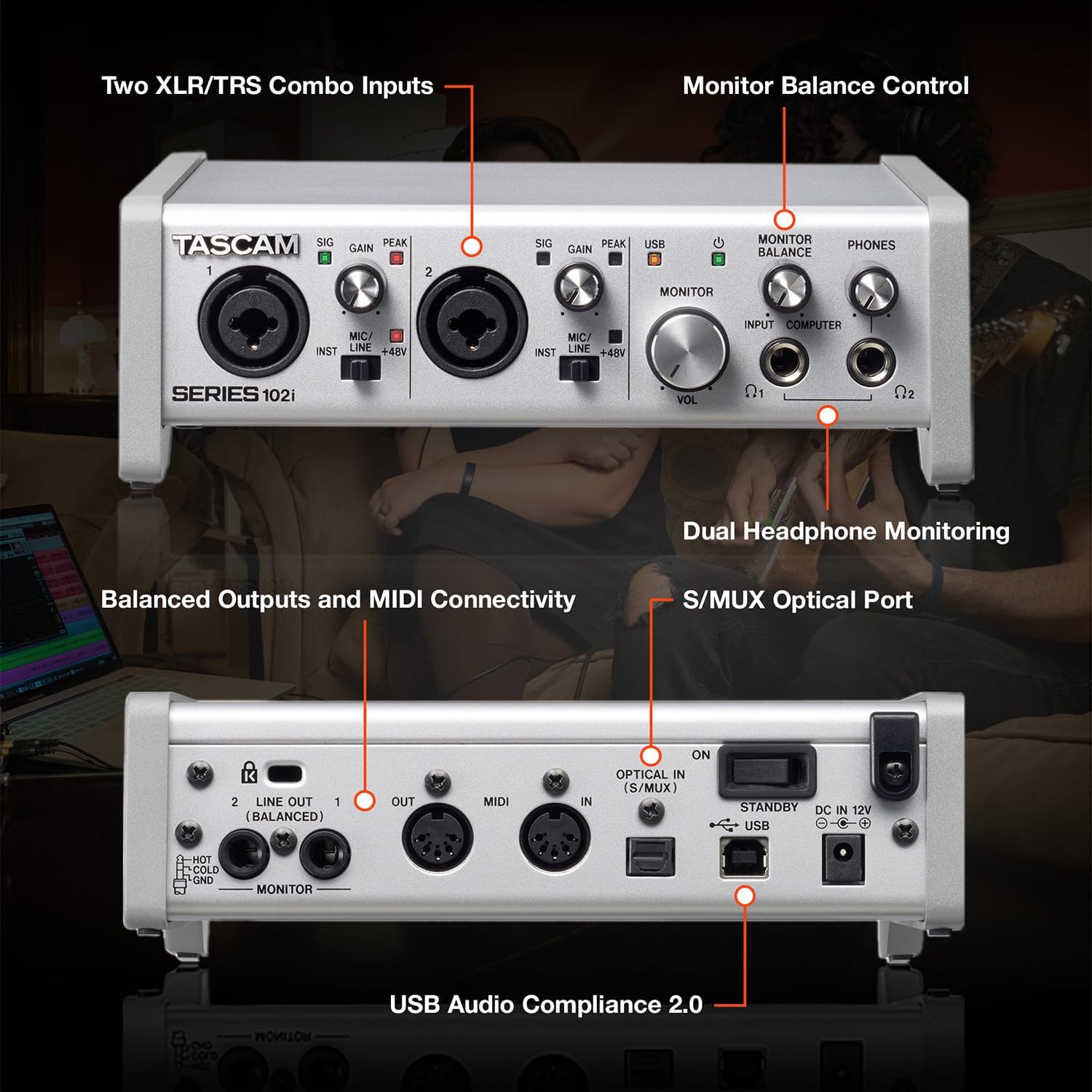 Tascam SERIES 102i 10 IN/2 OUT USB Audio Interface with MIDI, DAW Recording Software for Songwriting, Podcasting, Recording,Silver