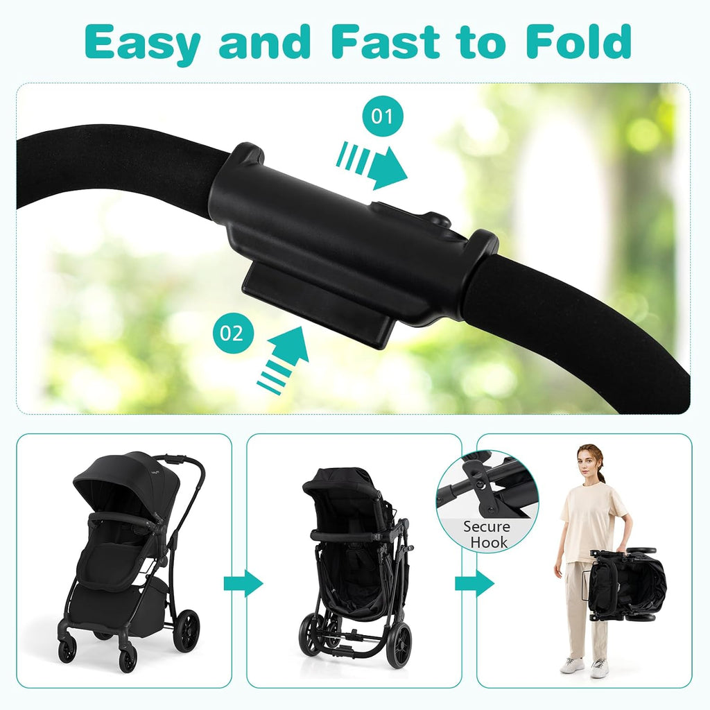 BABY JOY 2 in 1 Baby Stroller, High Landscape Convertible Bassinet Stroller with Reversible Seat, Adjustable Backrest & Canopy, Foldable Pushchair Pram Stroller for Newborn Toddler 0-36 Months (Black)