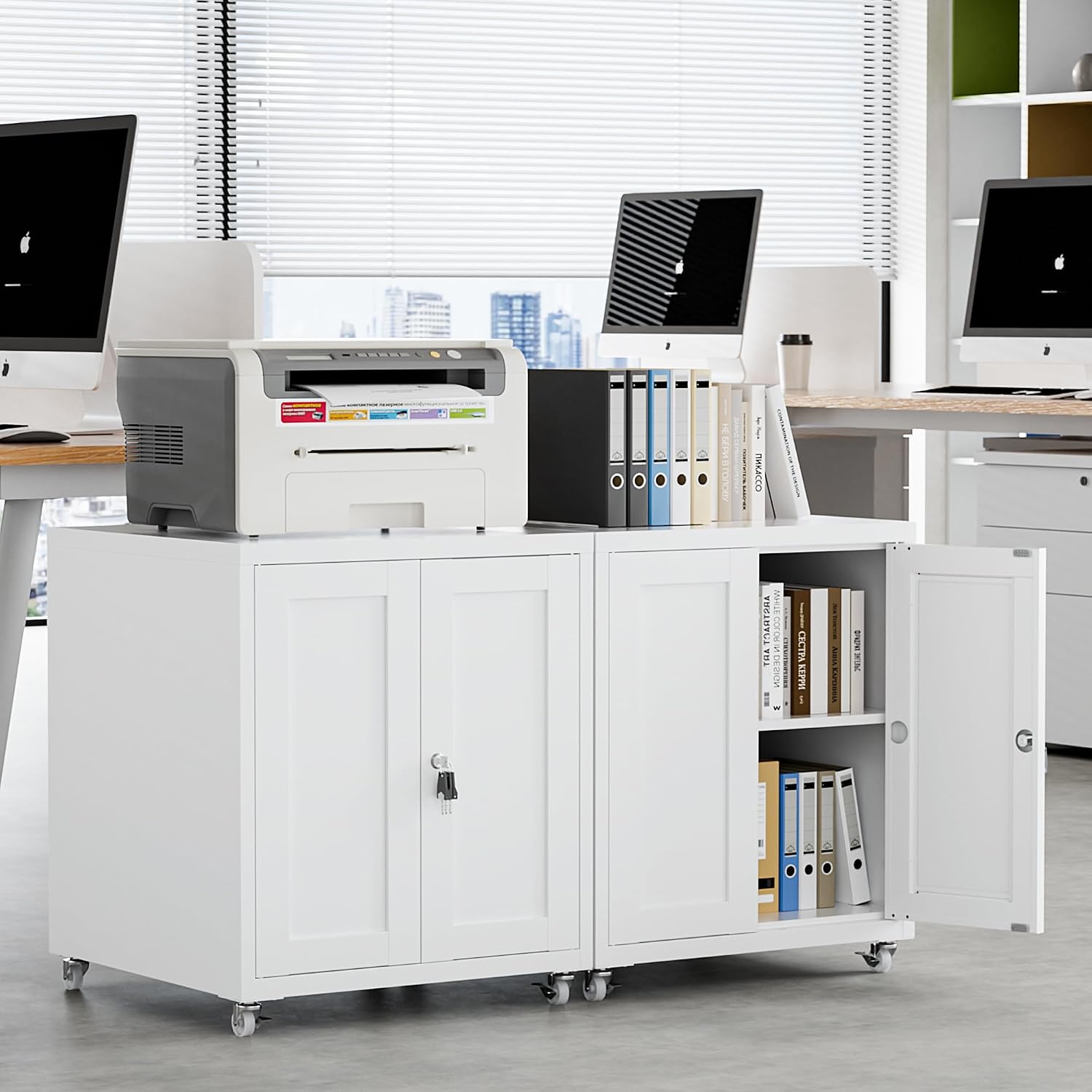 Large Printer Stand with Storage and Lock, 3D Heavy-Duty Printer Cabinet, Printer Table for Home Office with Doors and Adjustable Shelves, for Office Copier and Fax Machine, White