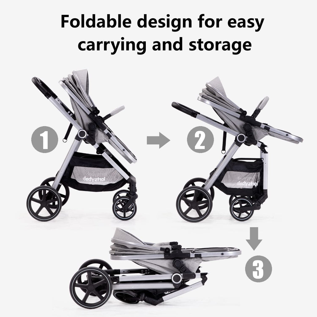 Lortsybab 2-in-1 Baby Stroller - Folding Infant Newborn Pram Stroller with Reversible Seat - Toddler Strollers for 0-36 Months Old Babies (Grey)