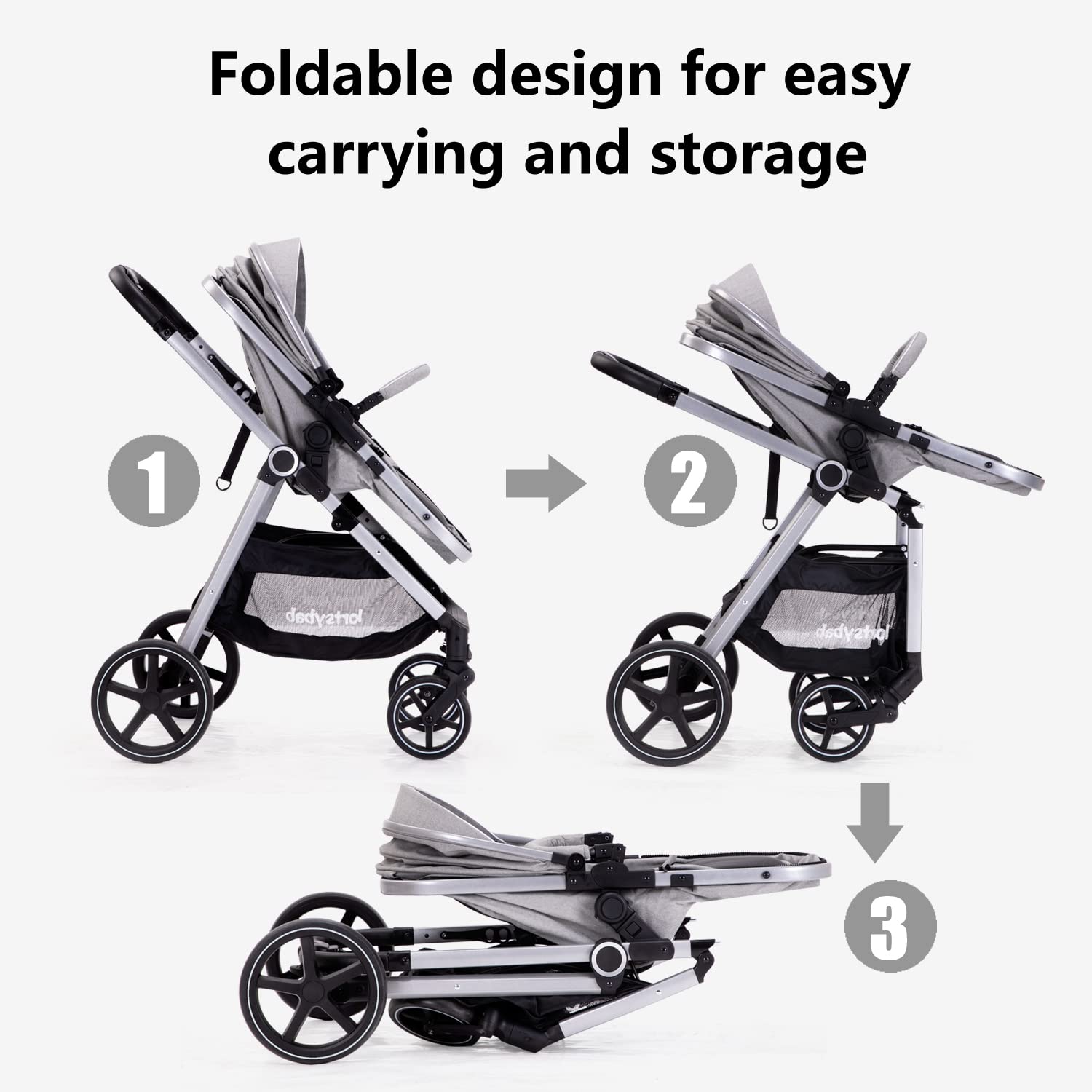Lortsybab 2-in-1 Baby Stroller - Folding Infant Newborn Pram Stroller with Reversible Seat - Toddler Strollers for 0-36 Months Old Babies (Grey)
