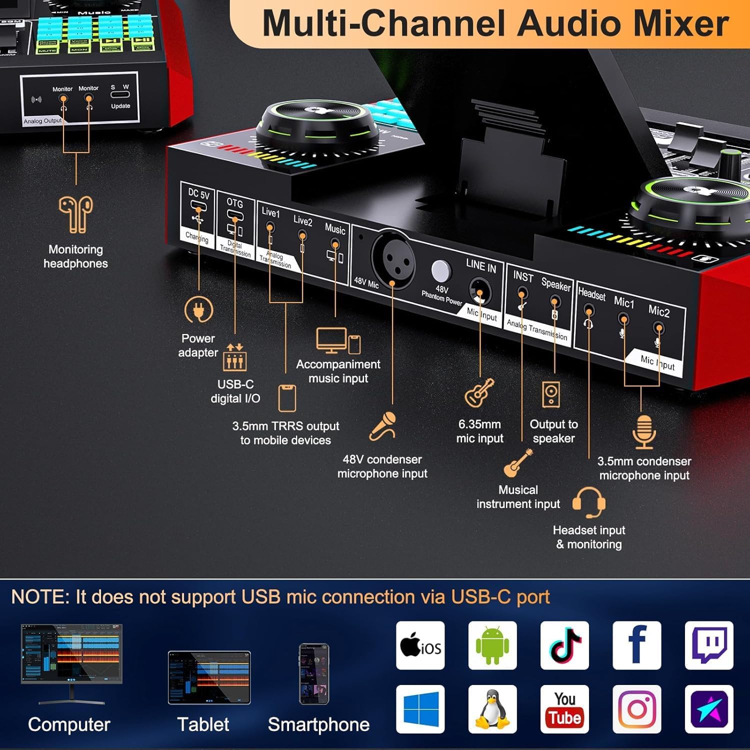 Podcast Equipment Bundle Audio Mixer with Studio Condenser Microphone, Live Sound Card Audio Mixer Interface, Sound Board, Sound Card with Voice Changer Denoise for PC Recording Gaming Podcasting