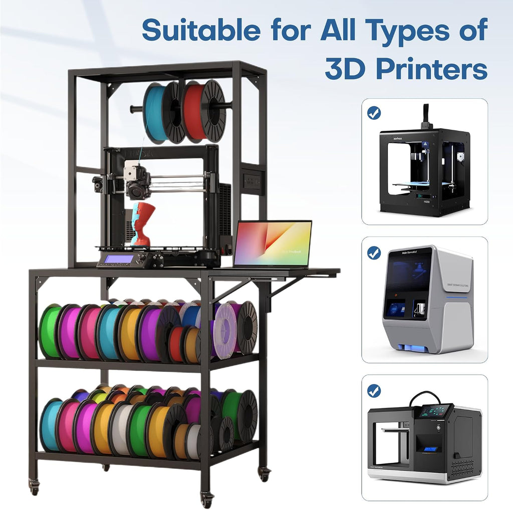 3D Printer Stand with Filaments Storage, 3D Printer Table Filament Storage Rack with Power Outlets Heavy Duty Printer Cart Desk for Workshop Studio Office