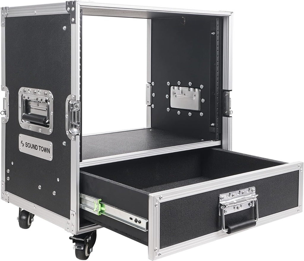 Sound Town 8U Rack Case with 2U Rack Drawer, Casters, for 19' Amps, Mixers, Microphone Receivers (STRC-8U2DR)