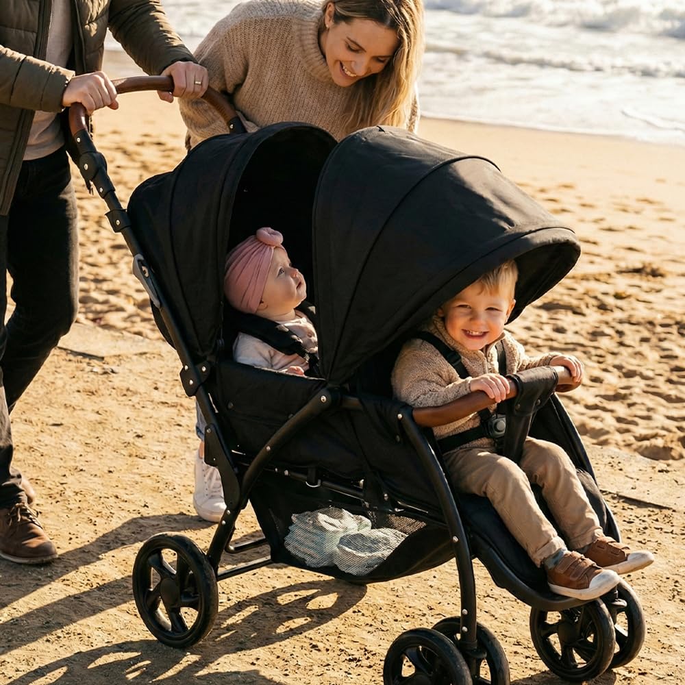 INFANS Double Stroller, Foldable Baby Tandem Stroller with Djustable Backrest Canopy Footrest, 5-Point Harness, Storage Basket, Convertible Compact Twin Stroller for Infants and Toddlers