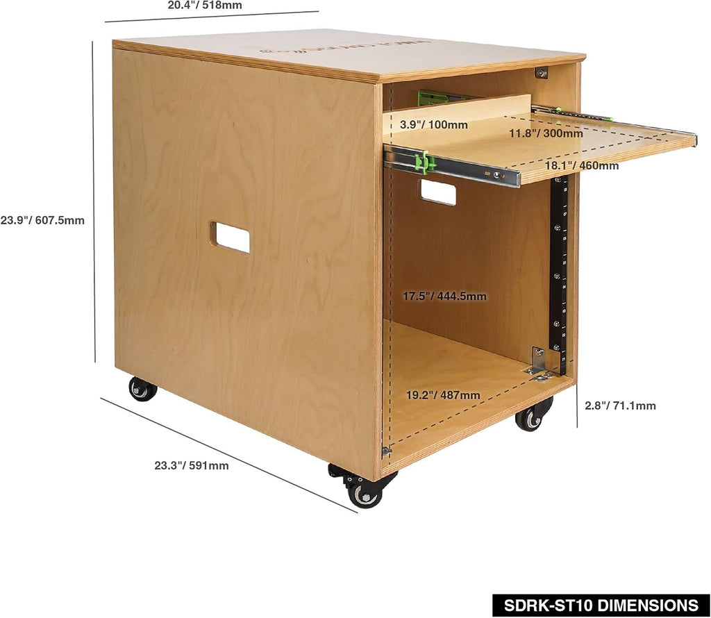 Sound Town 10U Solid Baltic Birch Plywood Studio Rack Desk with Slide-Out Tray, Rubber Feet, Casters, for Recording, Podcasts, Broadcasts, Streaming, Golden Oak (SDRK-ST10)