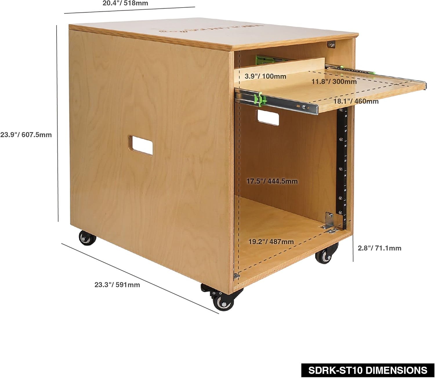 Sound Town 10U Solid Baltic Birch Plywood Studio Rack Desk with Slide-Out Tray, Rubber Feet, Casters, for Recording, Podcasts, Broadcasts, Streaming, Golden Oak (SDRK-ST10)