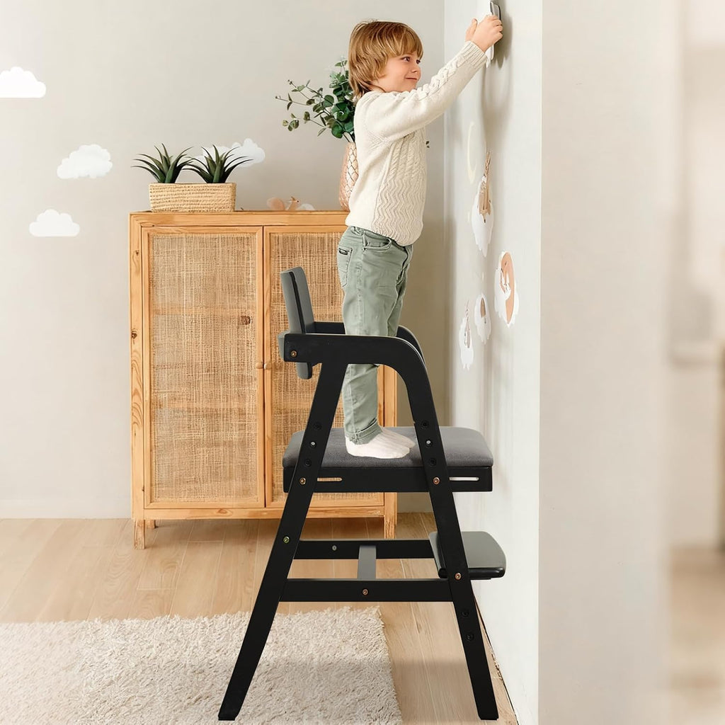 Wooden High Chair for Toddlers and Baby, Adjustable Toddler Dining Chair Grows with Kid, Ergonomic Baby HighChair for Babies, Wipe Clean Skin-Friendly Cushion, for Home & Restaurant - Black