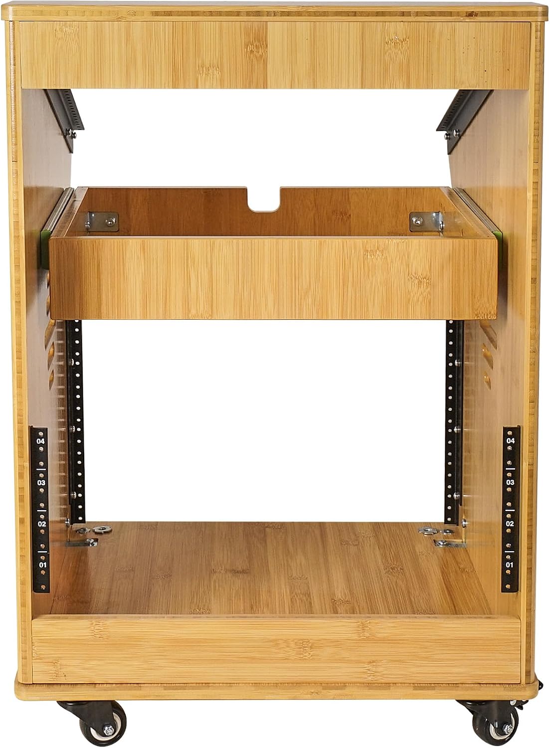 Sound Town DIY Solid Carbonized Bamboo Studio Rack with 11U Slant Mixer Top, 8U Front, 2U Drawer, Rubber Feet, Casters, for Recording Room, PA/DJ Equipment, Home-Audio (STBR-M11X8)