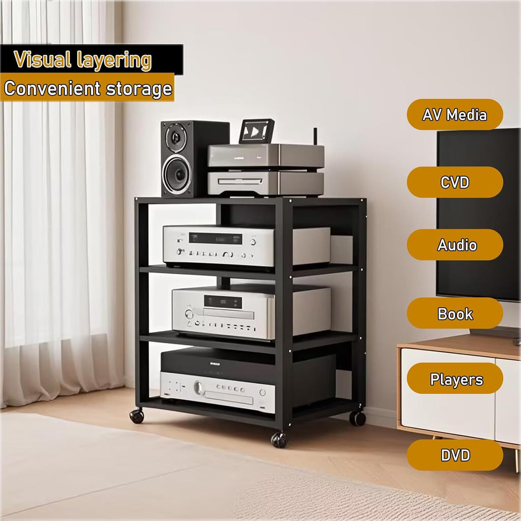 4 Tier Audio Rack Tower, CD Record Player Stereo Receiver AV Equipment Cabinet Display Rack, Weight Capacity 661 lbs, with Adjustable Wooden Shelves for Home (4 Tier Black)