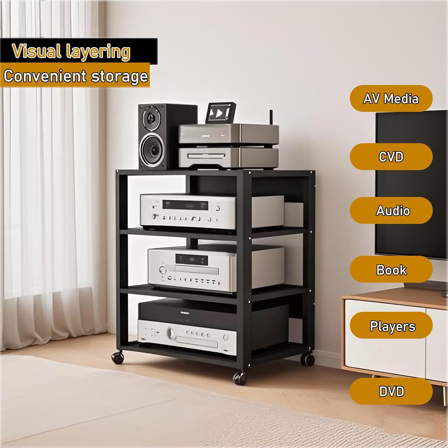 4 Tier Audio Rack Tower, CD Record Player Stereo Receiver AV Equipment Cabinet Display Rack, Weight Capacity 661 lbs, with Adjustable Wooden Shelves for Home (4 Tier Black)