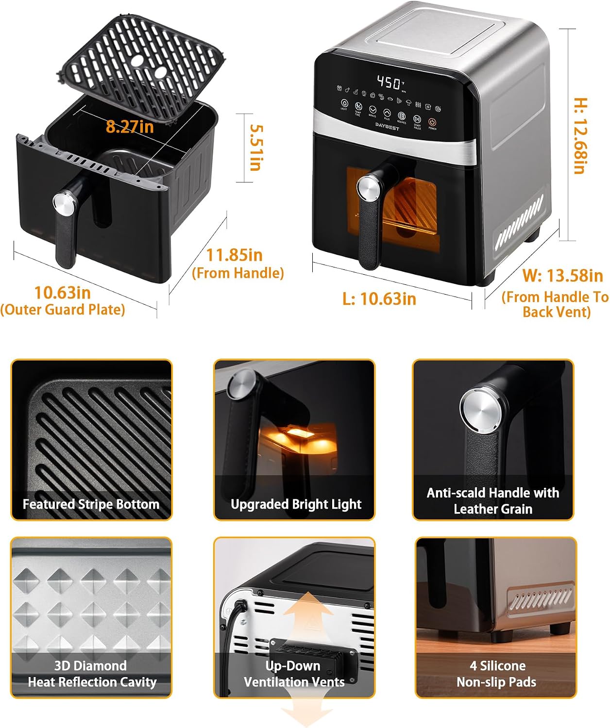 Stainless Steel Air Fryer Ceramic 12 in 1, Dual-Blazes in Steel Housing, 6QT 2-3 Servings Visible 8.27' Basket with Teflon-Free Premium Coating, 1700W, DAYBEST Dishwasher Safe Kits (Stainless Steel)