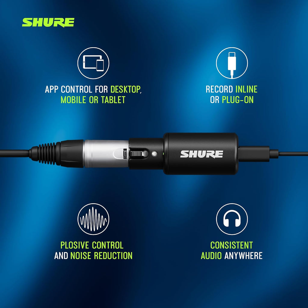 Shure MVX2U Gen 2 XLR-to-USB-C Digital Audio Interface, Apple MFi Certified, Portable Setup for Audio Processing, Noise-Free Recording Between XLR and USB-C Devices