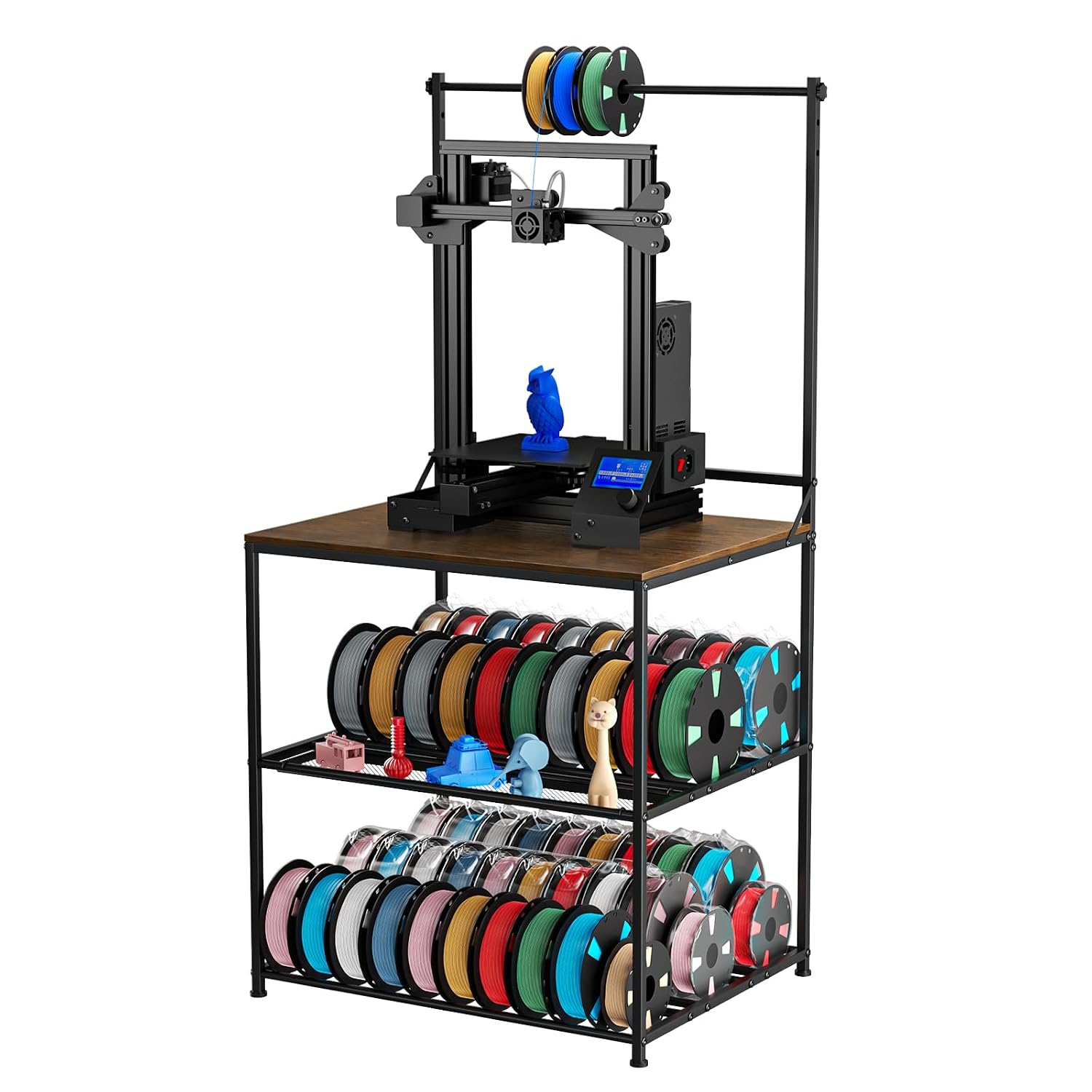 3D Printer Stand with Filaments Storage, 29.13'L x 22.44'W 3D Printer Table Filament Organizer Spools Holder Racks with Removable Basket, Hold Spool PLA, ABS, PETG for Workshop Studio Office (Brown)