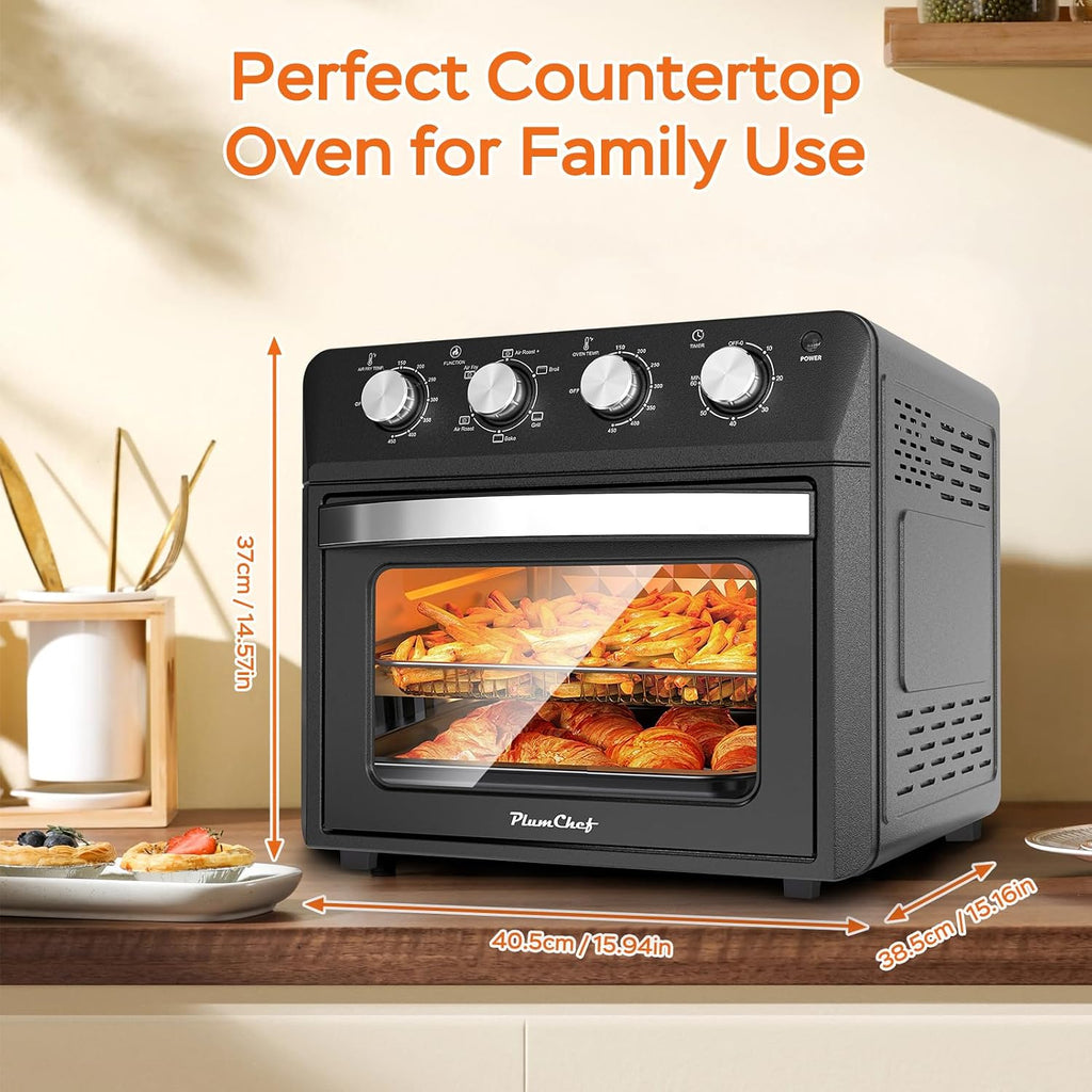 Plum chef 27.5QT 6-in-1 Air Fryer Toaster Oven Extra Large Dropdown-Door 6-Slice Convection Oven for Air Frying, Baking, Roasting, Broiling & Grilling, Stainless Steel Housing, Black