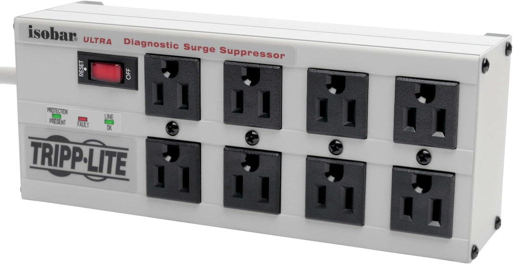 Tripp Lite Isobar 8 Outlet Surge Protector Power Strip, 25ft Long Cord, Right-Angle Plug, Metal, & $50,000 Insurance (ISOBAR825ULTRA) Gray