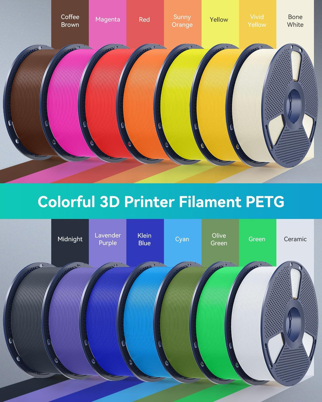 SUNLU PETG Filament 1.75mm 10KG Bundle, Individually Vacuum-Sealed, 3D Printer Filament 10kg, 1kg per Spool, 10 Pack, 10 Colors, Black+White+Grey+Blue+Red+Green+Orange+Yellow+Pink+Transparent