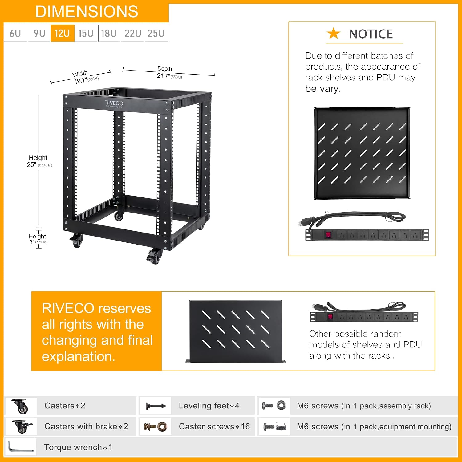 RIVECO 19' 12U Server Rack Open Frame with Wheels + PDU (8 Outlets) Power Strip Surge Protector + 1U Rack Shelf Cantilever Tray Set Black