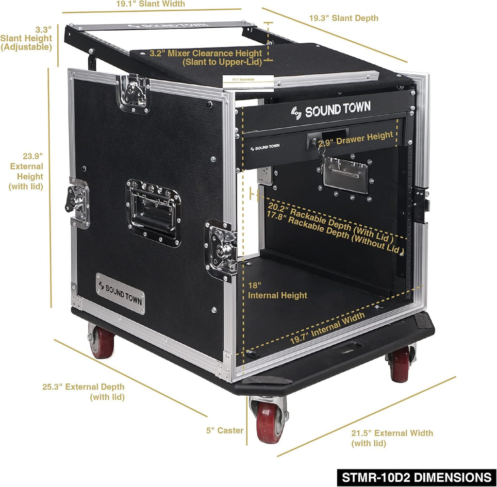 Sound Town High-Quality 1/2' (12mm) Plywood 10U PA DJ Pro Audio Rack/Road ATA Case with 11U Slant Mixer Top, Locking Drawer, 20'' Rackable Depth and Casters (STMR-10D2)
