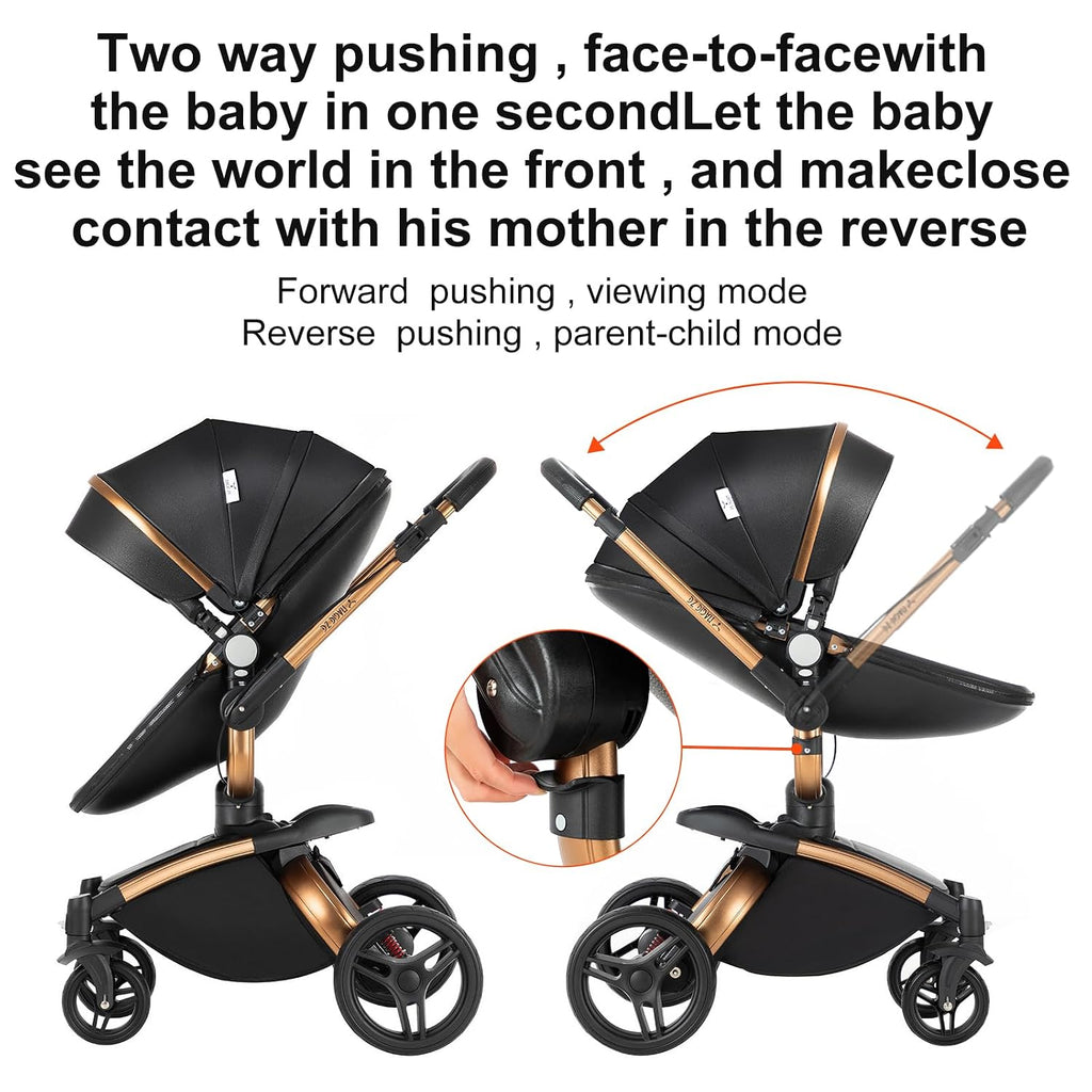360° Rotatable PU Leather 2 in 1 Convertible Baby Stroller Mode, Infant Stroller One-Click Folding, Toddler Newborn Travel Standard Carriage Pram (HR002-Black)