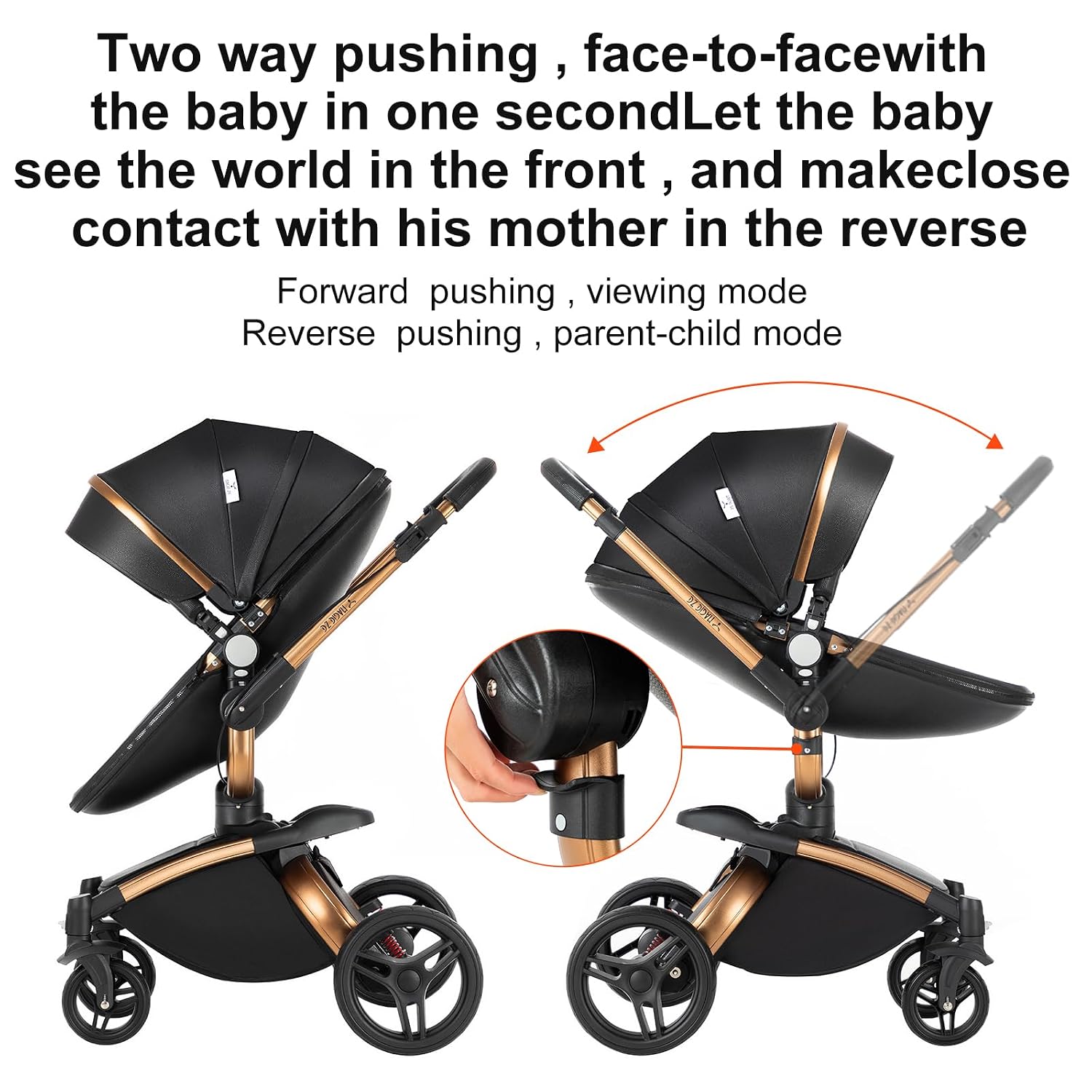 360° Rotatable PU Leather 2 in 1 Convertible Baby Stroller Mode, Infant Stroller One-Click Folding, Toddler Newborn Travel Standard Carriage Pram (HR002-Black)