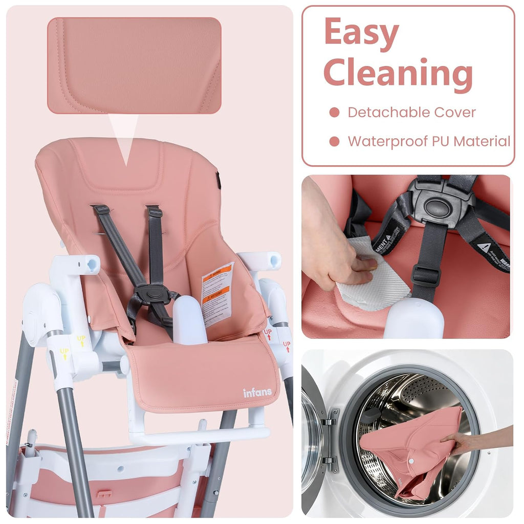 INFANS High Chair for Babies and Toddlers, Foldable Highchair with 7 Different Heights 4 Reclining Backrest Seat 3 Setting Footrest, Removable Tray Built-in Rear Wheels with Locks