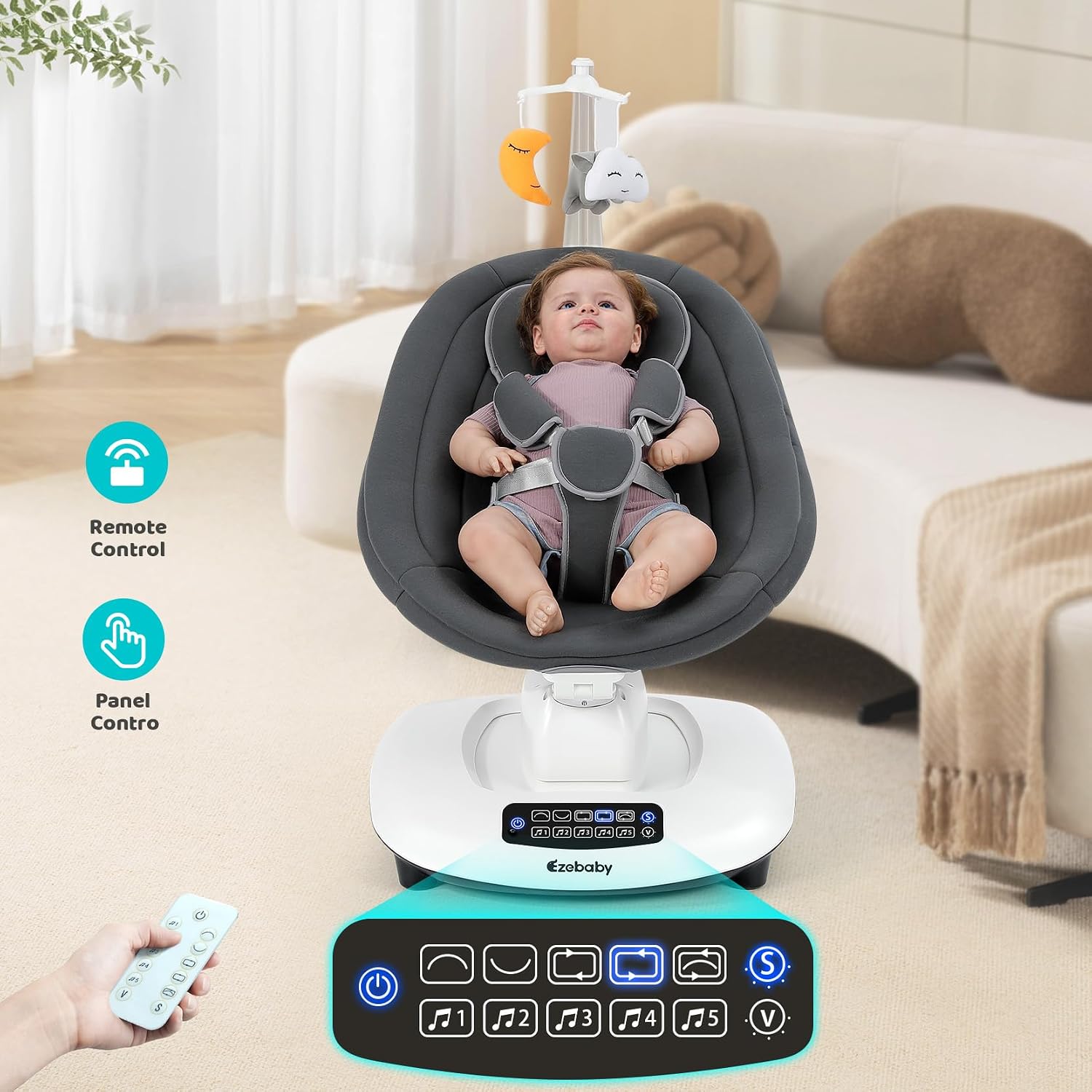 Ezebaby Electric Baby Swing for Infants with 5 Unique Motions, 5 Speeds, Lullabies, Bluetooth Enabled, Smart Baby Swings for Newborn with 5-Point Harness & Remote Control for 0-9 Months, Grey
