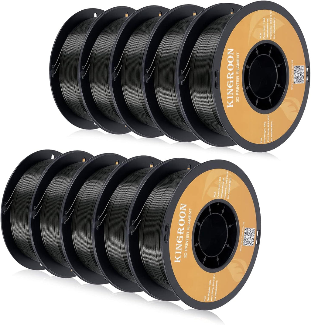 Kingroon PLA 3D Printer Filament,10 Rolls, Dimensional Accuracy +/- 0.02 mm, 10kg Spool(22lbs), 1.75 mm，Black