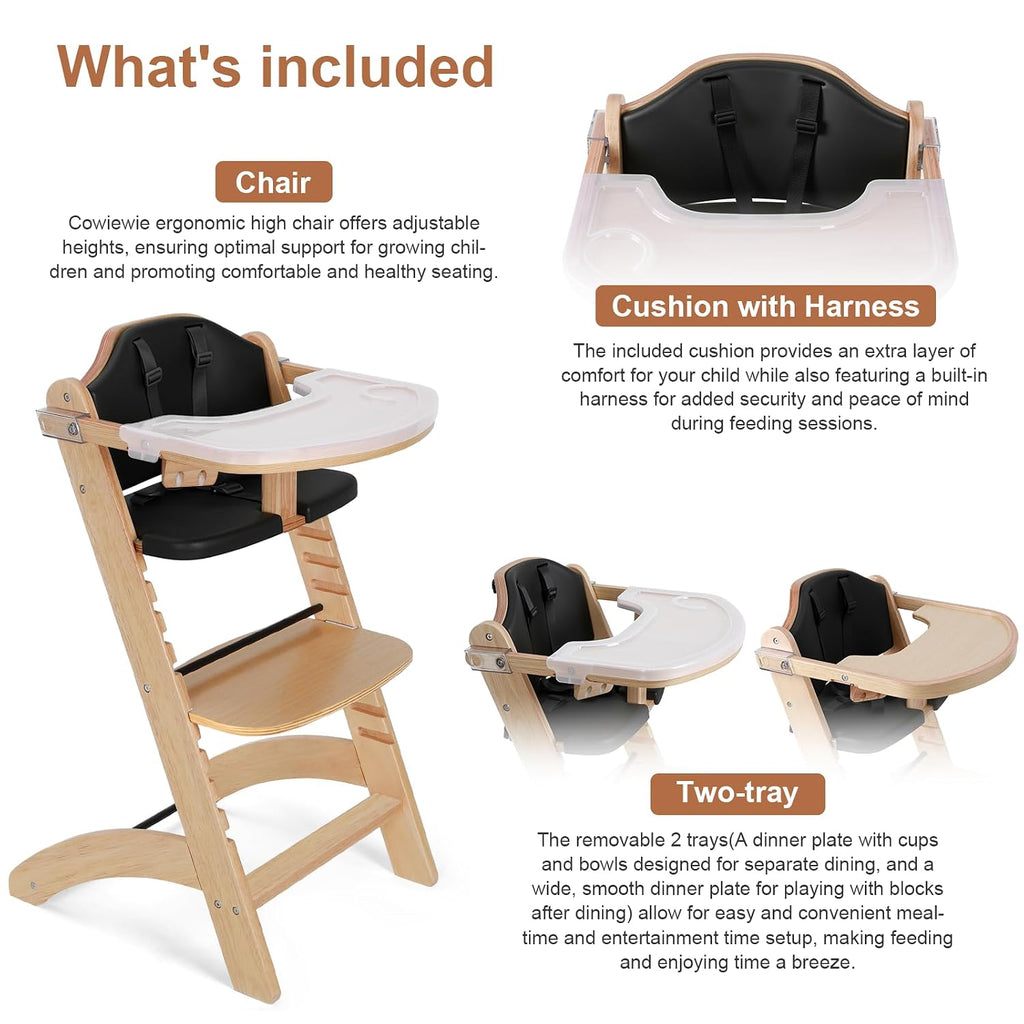 Cowiewie New Upgrade 3-in-1 Convertible Wooden High Chair for Babies & Toddlers 10 Levels Adjustable 3-Tier Remove 2 Waterproof Cozy Cushions Black