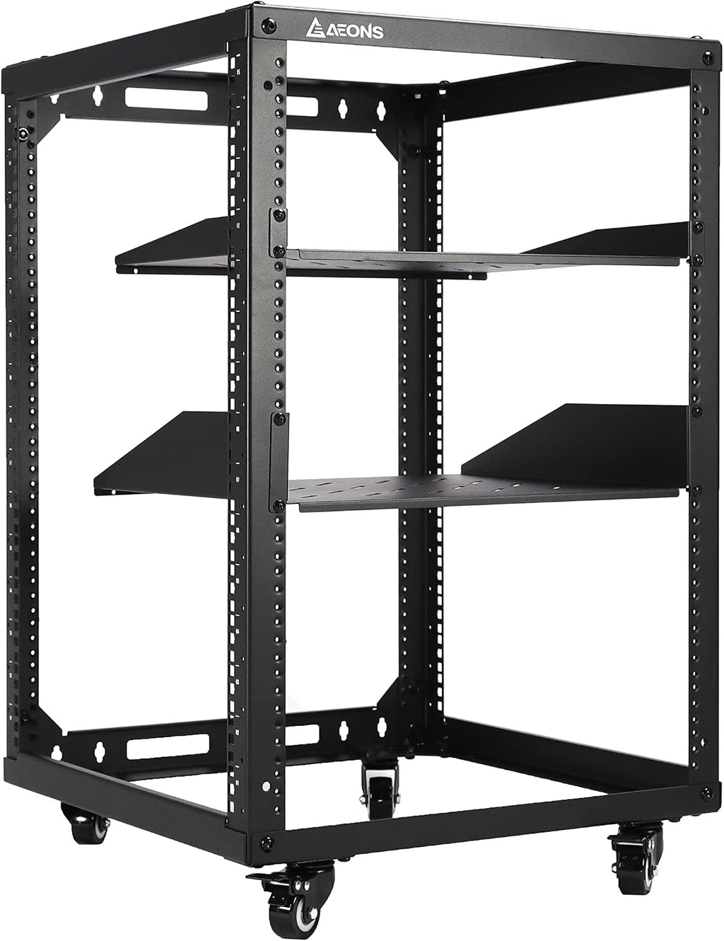 AEONS 15U Open Frame Network Server Rack 19-inch 4 Post AV Rack with Casters for Floor Standing and Wall Mount, Side Load for Extra Depth– Complete Kit with 1U and 2U Vented Shelves, Black