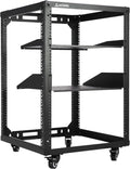 AEONS 15U Open Frame Network Server Rack 19-inch 4 Post AV Rack with Casters for Floor Standing and Wall Mount, Side Load for Extra Depth– Complete Kit with 1U and 2U Vented Shelves, Black