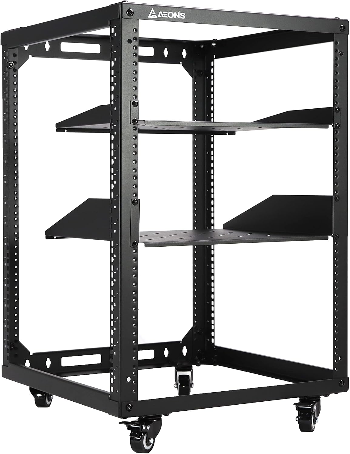 AEONS 15U Open Frame Network Server Rack 19-inch 4 Post AV Rack with Casters for Floor Standing and Wall Mount, Side Load for Extra Depth– Complete Kit with 1U and 2U Vented Shelves, Black