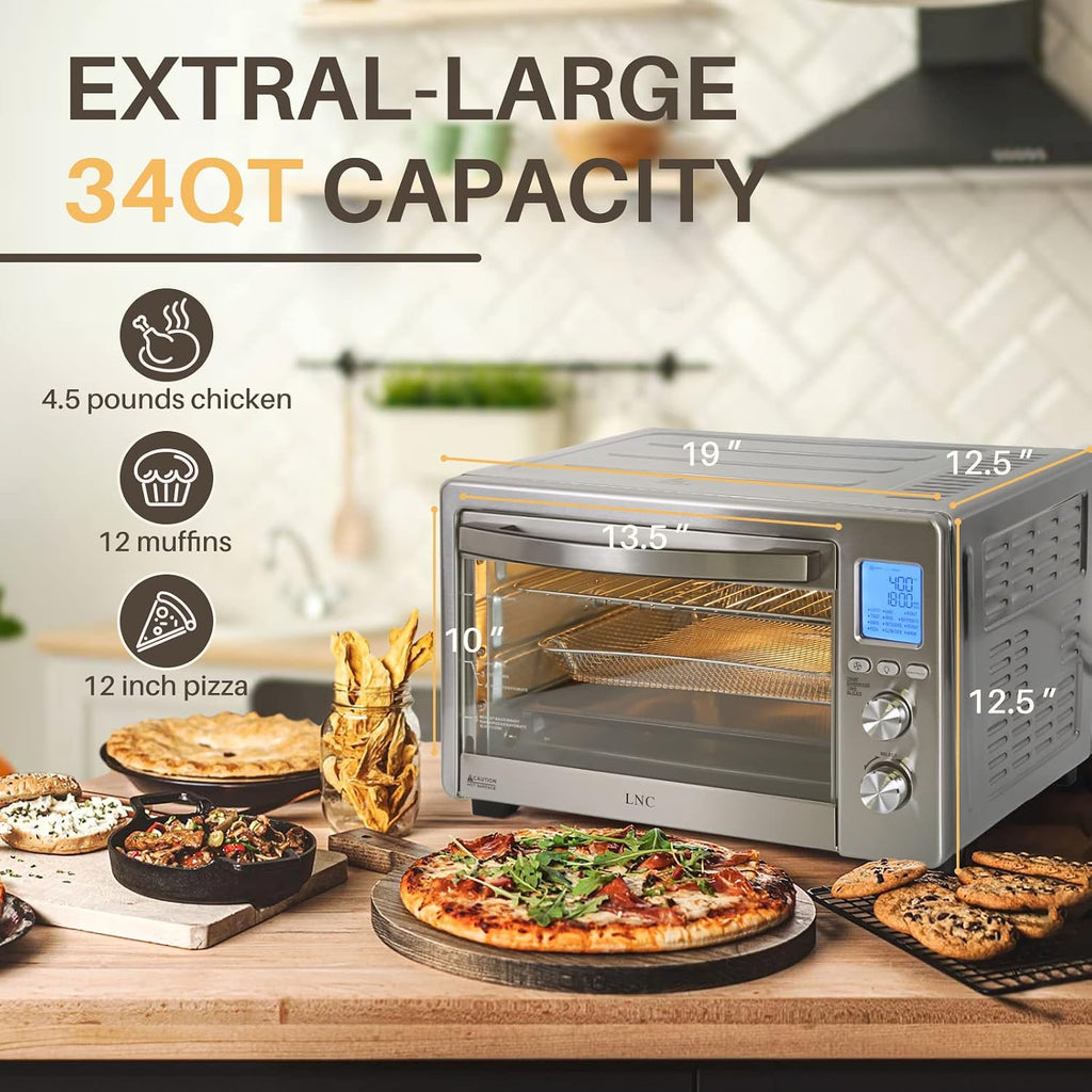 LNC Air Fryer Oven, 34QT Extra Large 1750W Toaster Air Fryer Combo, 12' Pizza Convection Oven Countertop, 12-in-1 with 4 Accessories, Stainless Steel, Silver