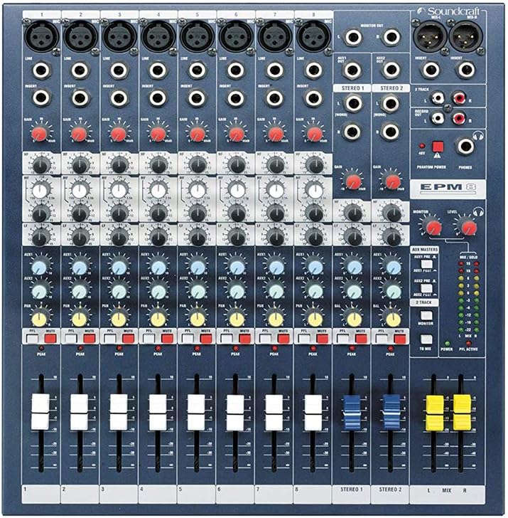 Soundcraft EPM 8-8 Mono + 2 Stereo Audio Console with Gator Cases 1515 Mixer Bag, Fastener Straps (10-Pack) & XLR Cable Bundle