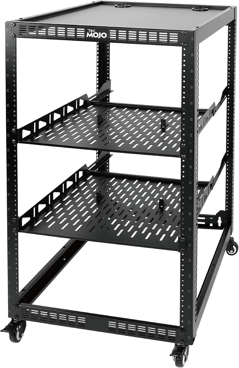 TECMOJO 20U Open Frame Network Rack for IT & AV Gear, 4-Post With Casters, Mobile With 2 PCS 1U Server Shelf & Mounting Hardware, for 19' Network, Audio and Video Device