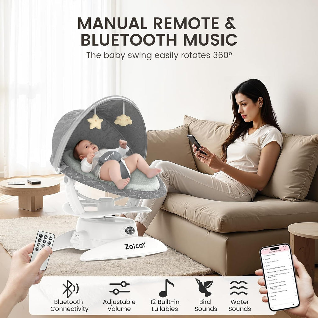 3-in-1 Baby Swing for Infants, Infant Swing with 5 Speeds & 3 Swing Modes, 12 Melodies, Electric Swing for Baby, Indoor & Outdoor Use, Up to 25 lbs, Gray