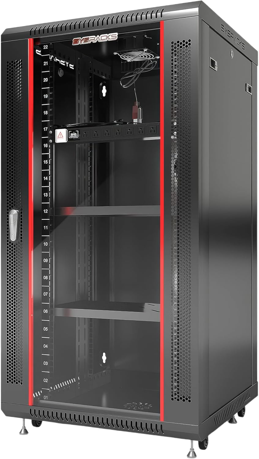 22U Wall Mount Server Rack Cabinet, 19' Locking Network Rack, 24' Deep, Glass Door, with Fan, PDU and Shelf