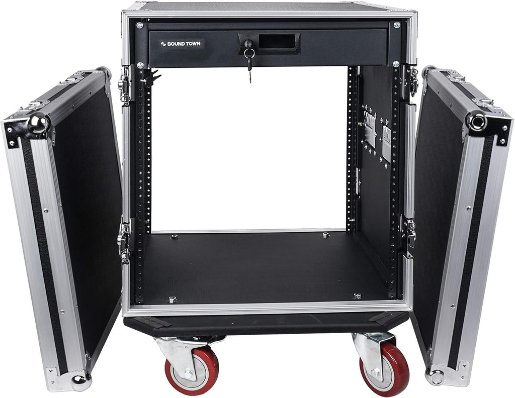 Sound Town 12U PA DJ Pro Audio Rack/Road ATA Case with Locking Drawer, 21'' Rackable Depth, Casters, Metal Ball Corners - Pro Tour Grade (STRC-12D2)